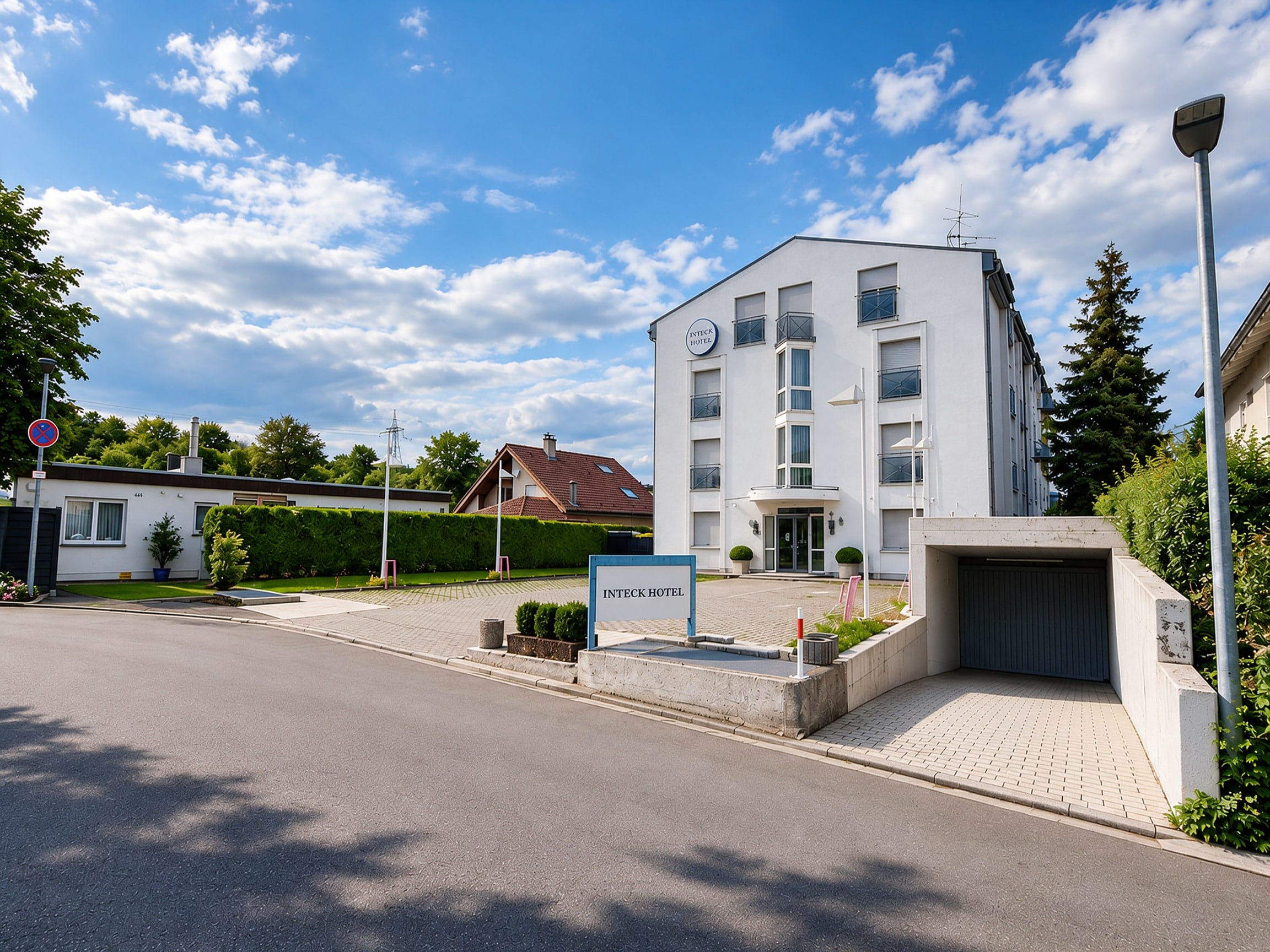 Inteck Hotel in Dettingen unter Teck bei Sonnenschein, mit Hotelschild und Tiefgaragenzufahrt